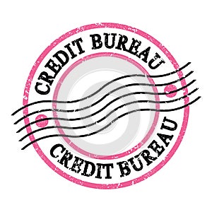 CREDIT BUREAU, text on pink-black grungy postal stamp