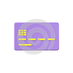 Credit card 3d vector icon. Purple plastic plate with gold chip and financial data.