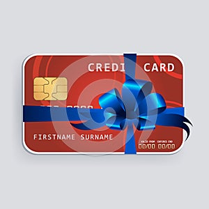 Credit card with blue bow and ribbons.