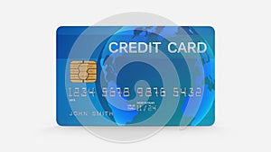 Credit card, blue plastic payment card isolated on white background, front view, 3D render