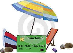 Credit card booking sea umbrella, beach vacation photo