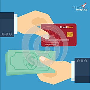 Credit card and cash payment flat design vector icon