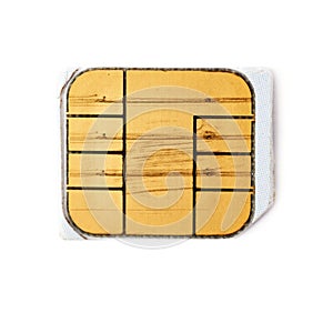Credit card chip macro isolated over white background