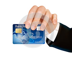 Credit card with chip in woman s hand.