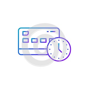 Credit card with clock, money payment processing, time is money gradient lineal icon. Shopping, online banking, finance