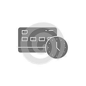 Credit card with clock, money payment processing, time is money grey fill icon. Shopping, online banking, finance symbol