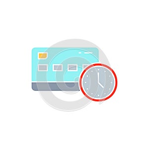 Credit card with clock, money payment processing, time is money white outline icon. Shopping, online banking, finance