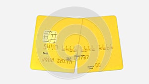 Credit card cut in half, gold plastic payment card isolated on white background, front view, 3D render