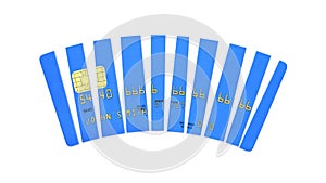 Credit card cut into pieces, blue plastic payment card isolated on white background, front view, 3D render