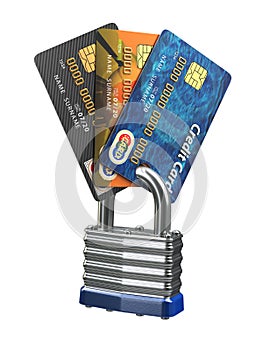 Credit card data security concept. Cards and lock on wh