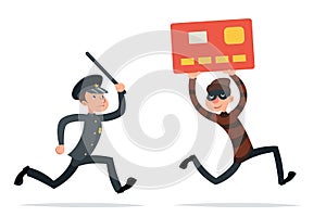 Credit card data steal thief escape internet policeman run catch up character cartoon retro design vector illustration