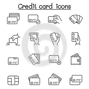 Credit card, Debit card, Payment, Shopping icons set in thin line style