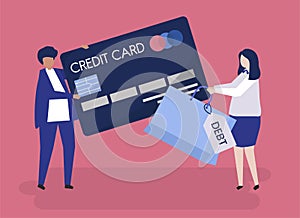 Credit card debt concept with charactered people