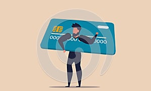 Credit card debt desperate and bankrupt man. Overspend shopaholic and paying debit vector illustration concept. Commercial risk