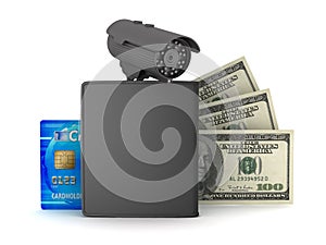 Credit card, dollar bills, wallet and monitoring camera