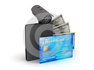 Credit card, dollar bills, wallet and monitoring camera