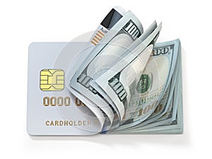 Credit card and dollar in cash. Banking, shopping concept. Opening a wallet or bank account photo