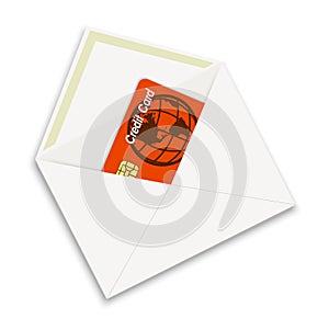 Credit card in an envelope on a white background