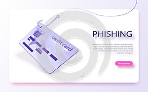 Credit card on fishing hook Scam and phishing concept. Hacking credit card or personal information