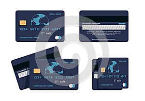 Credit card. Flat mockup of ATM card wit numbers and cardholder name, front and back view. Vector concept for money