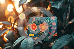 A credit card with floral patterns placed on top of a green plant in a natural setting, A nature-inspired credit card with floral photo