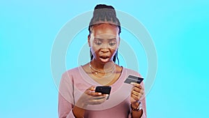 Credit card fraud, phone scam or black woman with anxiety by fintech breach or financial theft. Password phishing, money