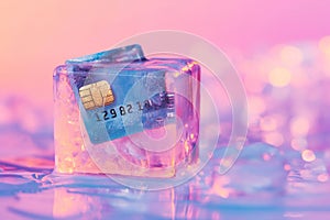 Credit card frozen in ice cube. Frozen bank account. Frozen funds and assets, unavailable money. The concept of bankruptcy and