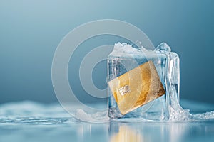 Credit card frozen in ice cube. Frozen bank account. Frozen funds and assets, unavailable money. The concept of bankruptcy and