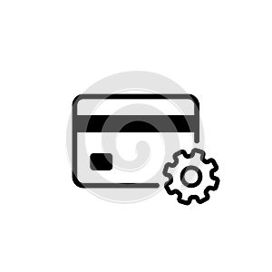 Credit card with gear icon. Setup, atm. Solve the problem. Can be used for topics like banking, finance, internet. Vector on