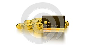 Credit card and gold coins stack isolated on white background