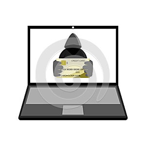 Credit card hacking symbol on a labtop screen and a labtop on a white background.