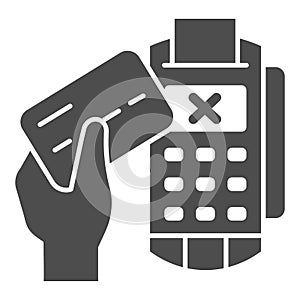 Credit card in hand and POS terminal solid icon, Payment problem concept, payment denial sign on white background
