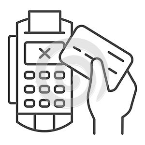 Credit card in hand and POS terminal thin line icon, Payment problem concept, payment denial sign on white background