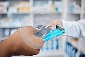Credit card, hands and payment tap technology for retail, healthcare and people in pharmacy drug store. Money, machine