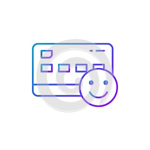 Credit card with happy face, money insurance, like, positive feedback gradient lineal icon. Shopping, online banking