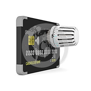 Credit card with heater thermostat on white background.  3D illustration