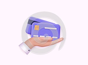 Credit card holded by hand. Finance concept. 3D Vector Illustrations