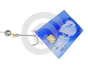 Credit card on hook 3d illustration fraud isolated on white