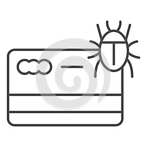 Credit card and insect virus thin line icon, web security concept, bug error sign on white background, beetle on credit