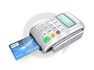 Credit card inserted into a silver card-reader