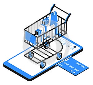 Credit card is inserted into Smartphone and Shopping Cart. Isometric vector illustration isolated on white background. eps10