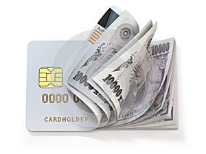 Credit card and japan yen in cash. Banking, shopping concept. Opening a wallet or bank account in Japan