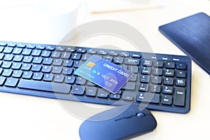 Credit card on keyboard computer Online payment for purchases from online stores - Online shopping technology pay concept
