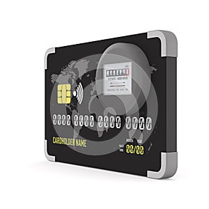 Credit card with kilowatt hour electric meter on white background. Isolated 3D illustration