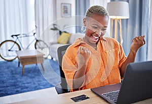 Credit card, laptop or excited black woman winning with success, goal or discount bonus online in home office. Happy