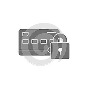 Credit card with lock, secure payments, secured credit card grey fill icon. Shopping, online banking, finance symbol