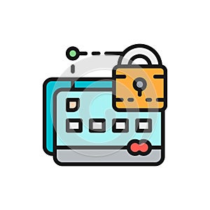 Credit card with lock, web security flat color line icon.