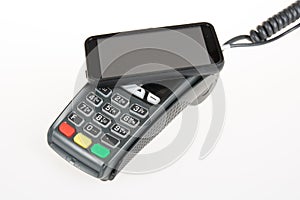 Credit card machine with code reader in smart mobile phone,