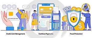 Credit card management, cashless payments, fraud protection concept with character. Payment security abstract vector illustration