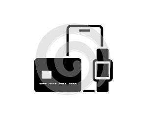 Credit card, mobile phone, smart watch. Financial services, cash transfer. Contactless payment icon. Vector on isolated white